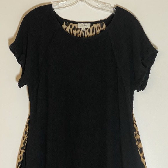 Umgee Dress Womens Small Black Leopard Linen Boho Fringe Hem Pockets Casual Nice - Picture 2 of 16